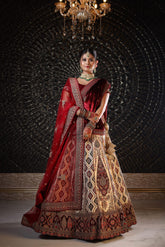 Beige Raw Silk With Redberry Pink Lehenga image 0