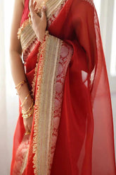 Banarasi Soft Glass Tissue Silk Red Saree image 0