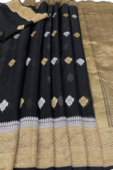 Kora Orgenza Silk Black saree with gold and white patterns