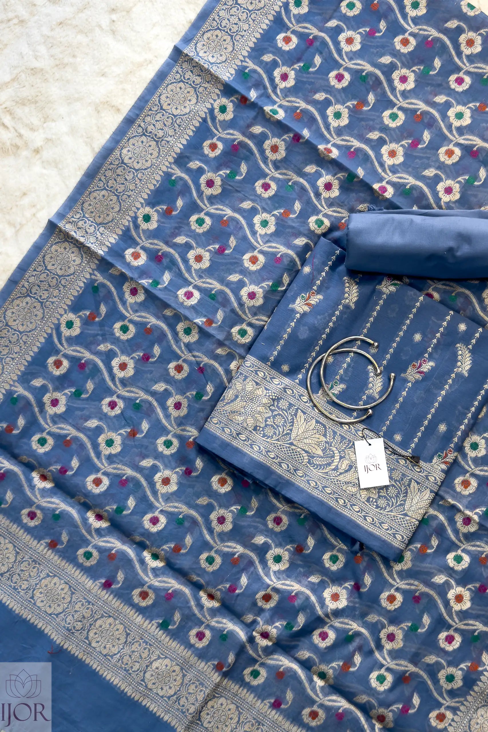 Dusty Blue Muga Silk in Minakari work Unstitched Suit with Salwar, Kamiz and Dupatta materals