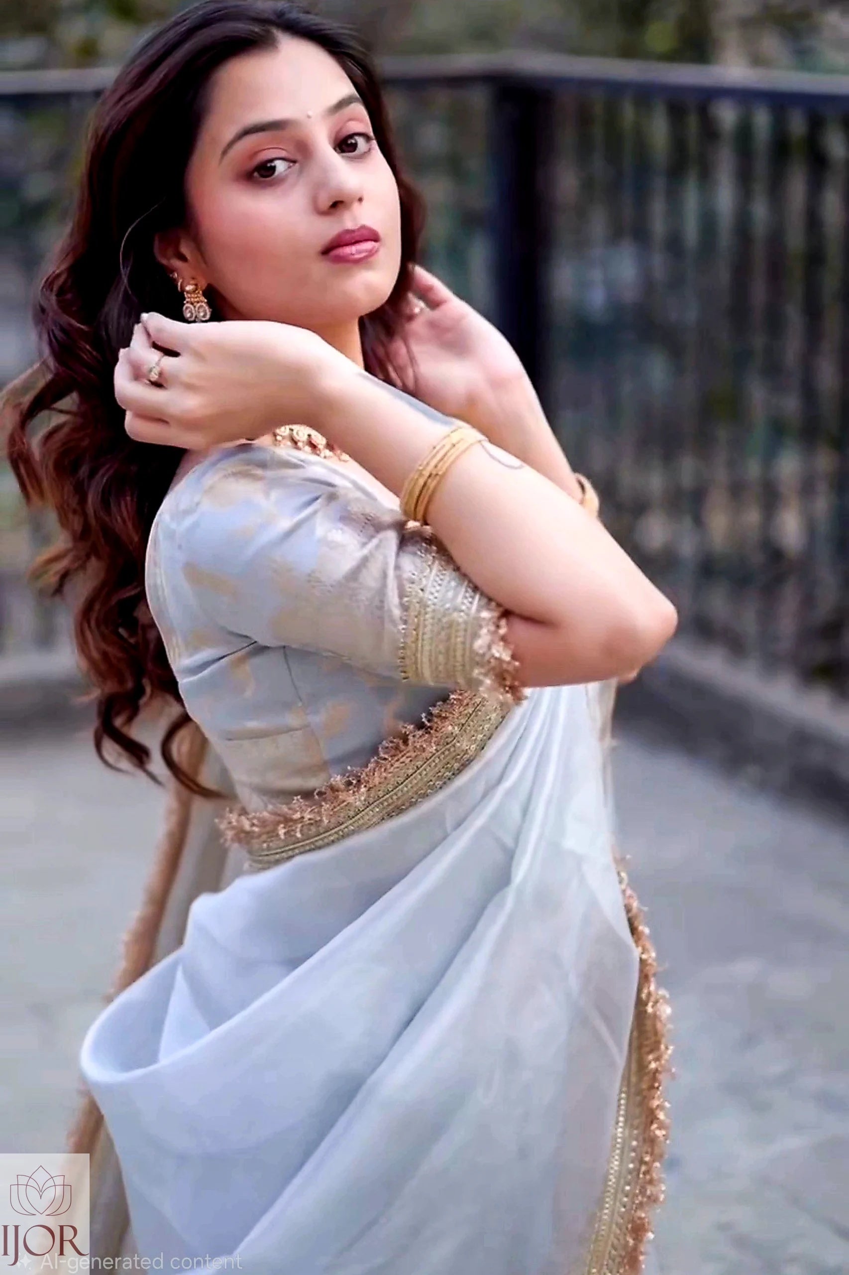 A woman wearing aBanarasi Silver Grey Tissue Silk Saree, posing outdoors with her hands near her face. She is wearing gold bangles and earrings.
