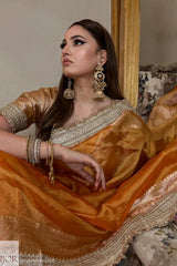 A woman wearing a Banarasi Glass Tissue Silk Saree in Rustic Gold with intricate gold embroidery and a matching embroidered blouse, accessorized with gold earrings and bangles, seated on a patterned sofa.