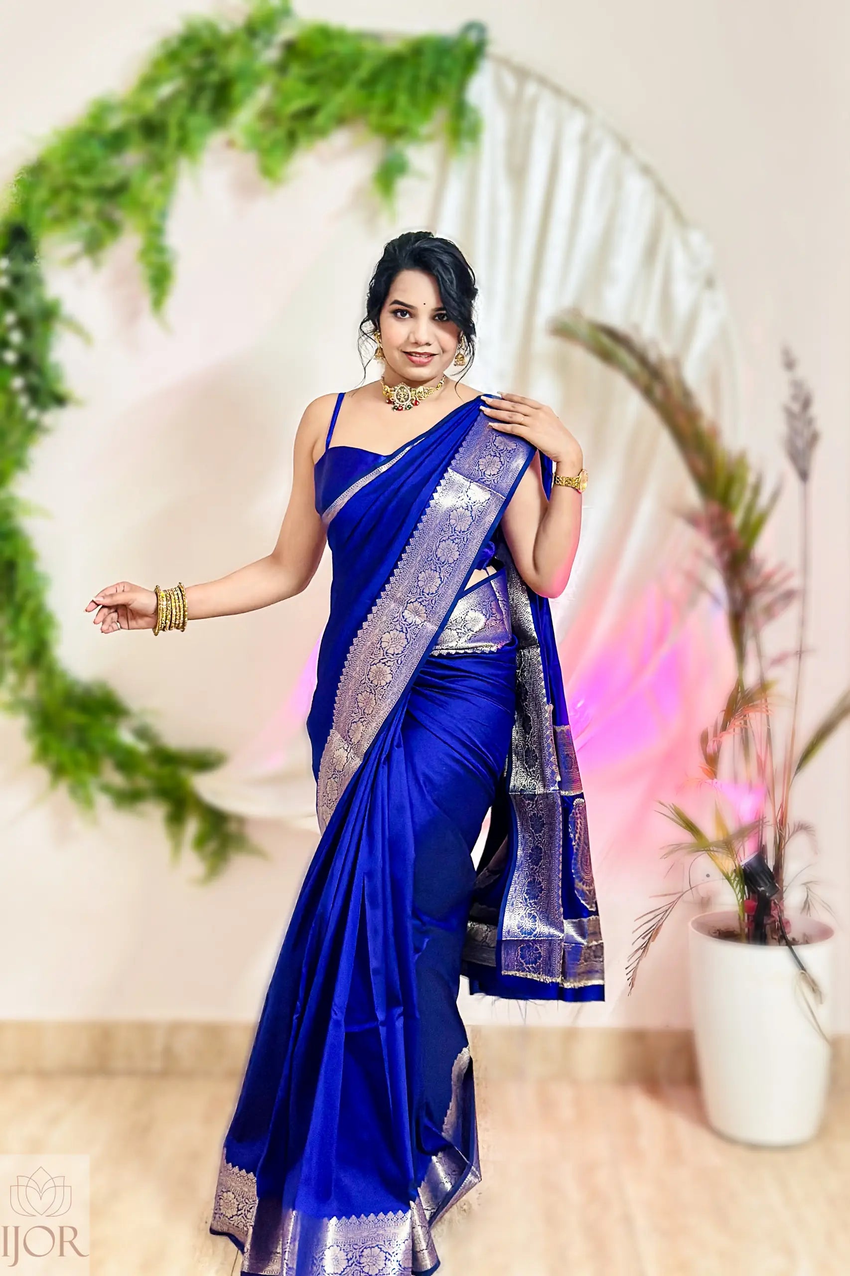 Woman in a blue saree with silver border standing indoors with decorative plants.
