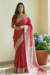 Nakshatras Crimson Red Banarasi Mashru Katan Silk Saree