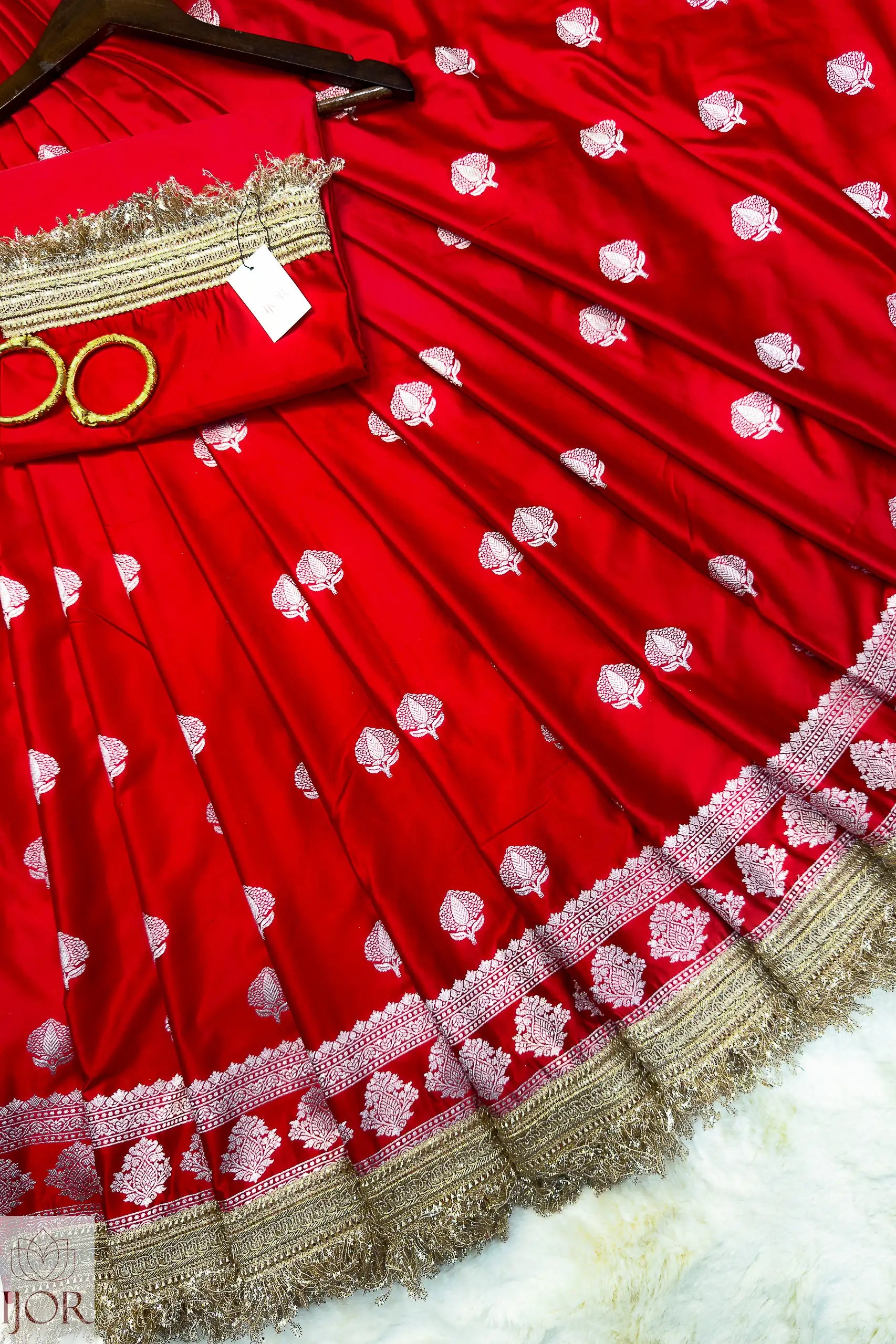 Red Mashru Silk Saree with Maharani Lace background