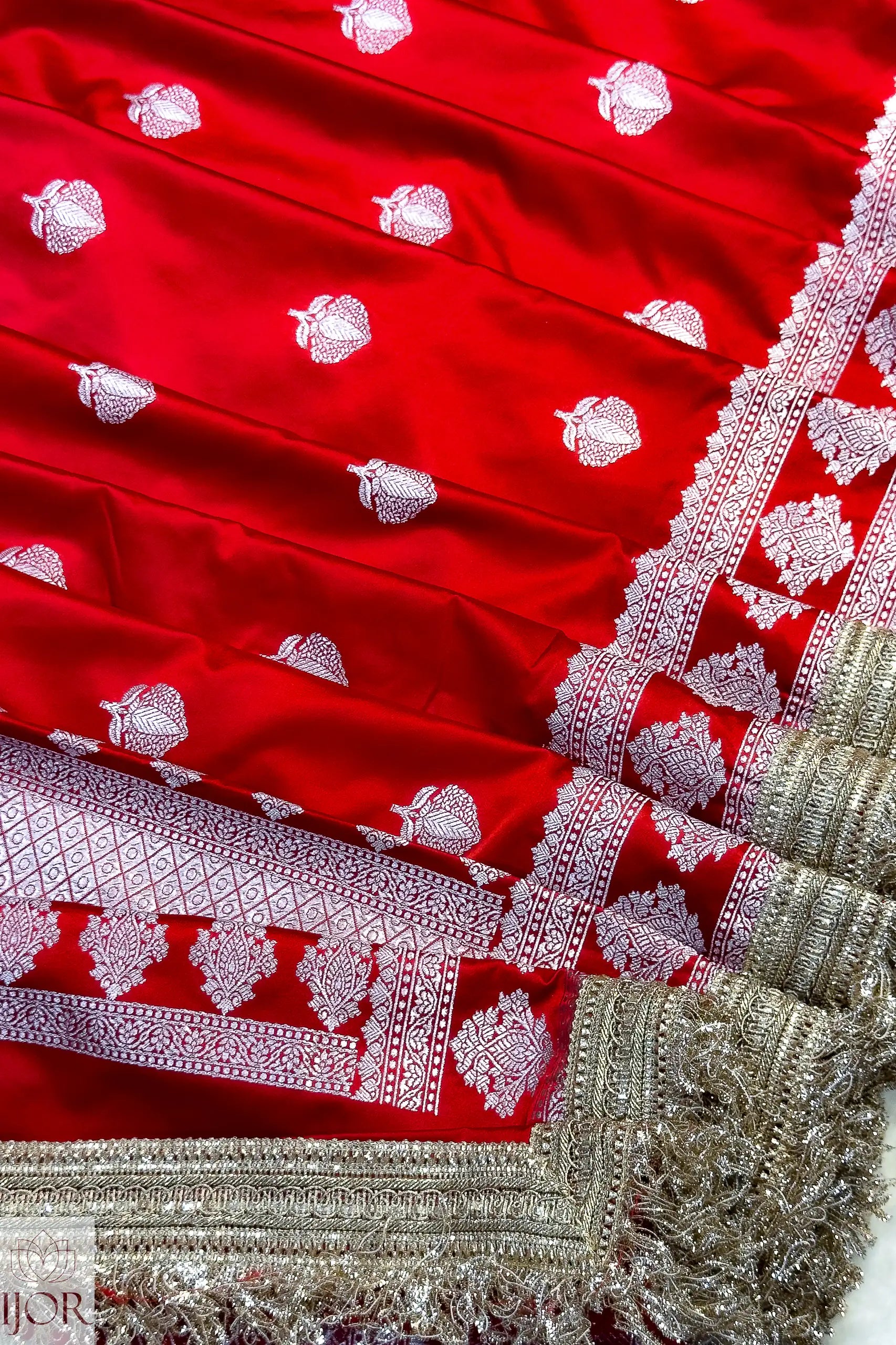 Red Mashru Silk Saree with Maharani Lace embroidery and patterns