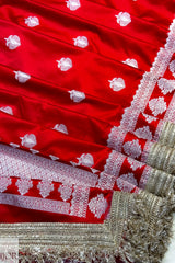 Red Mashru Silk Saree with Maharani Lace embroidery and patterns
