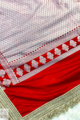 Close-up of a Red Mashru Silk Saree with Maharani Lace on a light pink background.