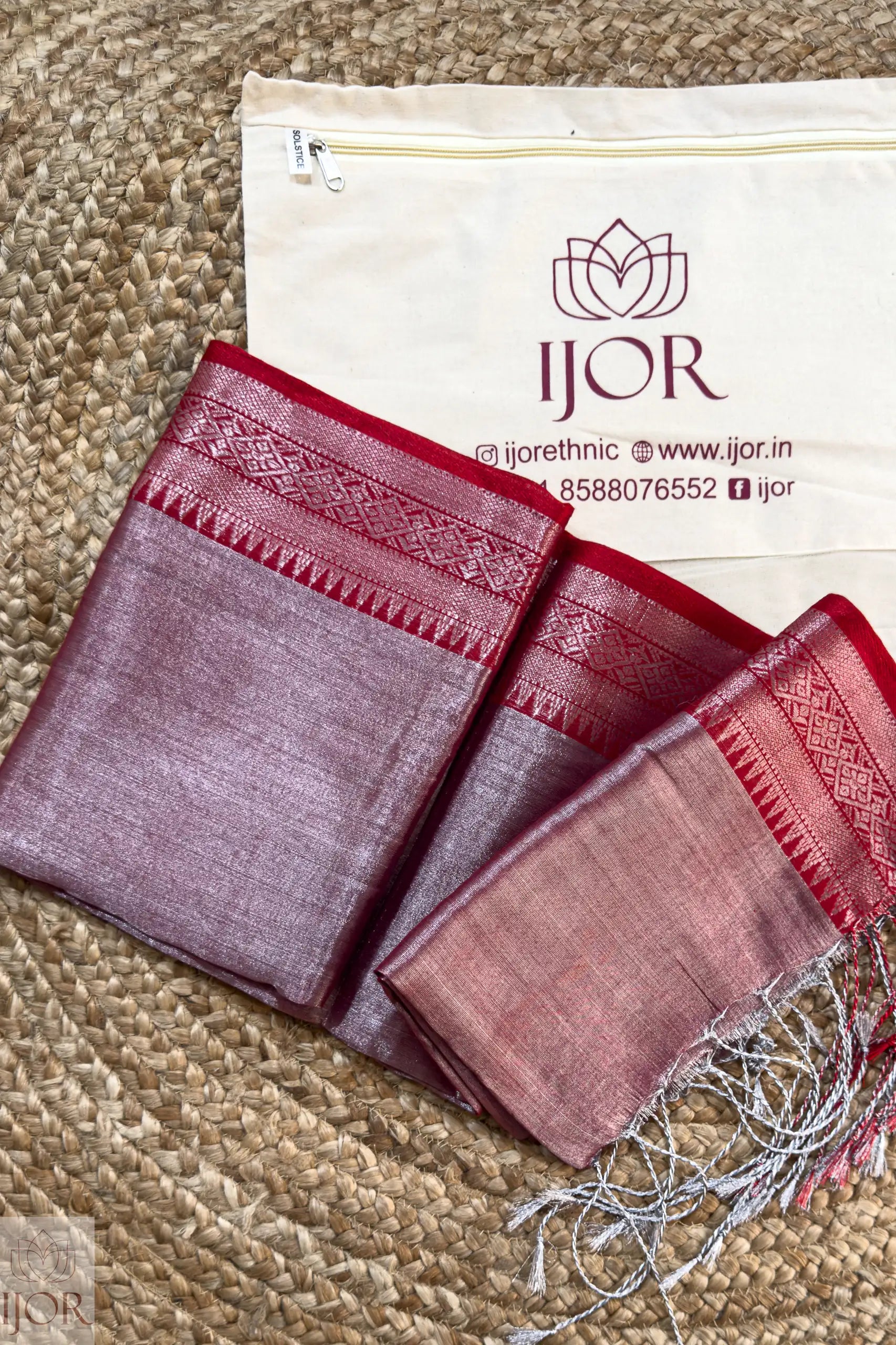 Lavender Color Pure Tissue Cotton Saree with Rich Red intricate patterns on a beige background, featuring the brand 'IJOR'.