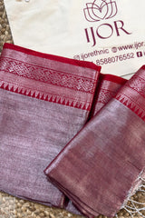 Lavender Color Pure Tissue Cotton Saree with Rich Red Border with intricate patterns on a branded background