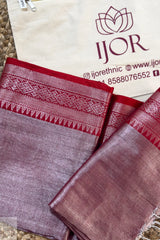 Lavender Color Pure Tissue Cotton Saree with Rich Red Border with IJOR branding on a white background