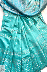 Sea Green Pure Chiniya Silk Saree with Silver Zari Work & Contrasting Blue Blouse