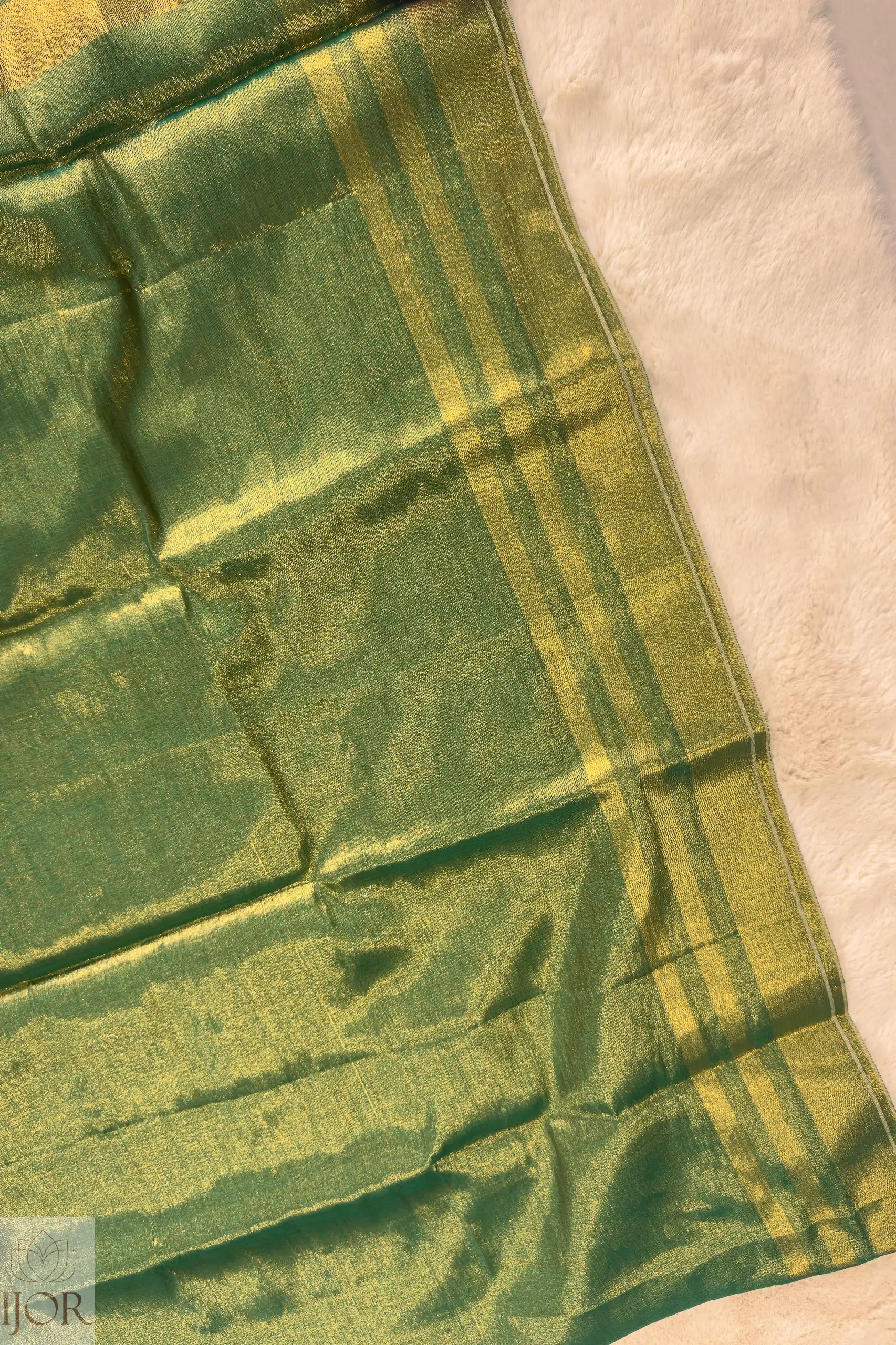 Green Golden Zari Pure Tissue Cotton Saree on a beige background