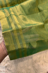 Close-up of a Green Golden Zari Pure Tissue Cotton Saree, held by a person.