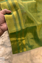 Green Golden Zari Pure Tissue Cotton Saree held by a hand on a beige background