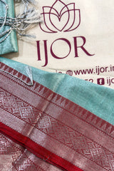 Turquoise Blue Pure Tissue Cotton Saree with Rich Red Border with IJOR branding and product details
