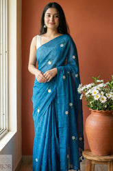 Shubhra Neel Mulmul Cotton with Floral Embriodary Blue