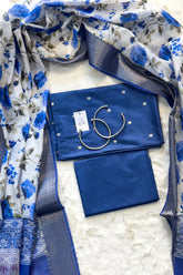 Syahi Blue Pure Soft Silk in Digital Print Unstitiched Suit