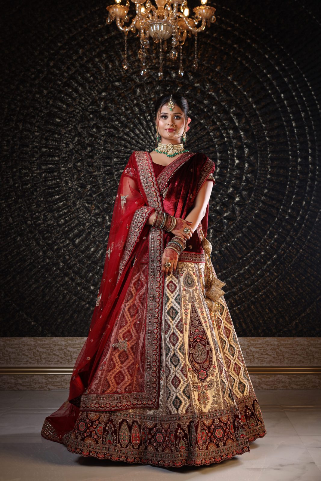Beige Raw Silk With Redberry Pink Lehenga image 0