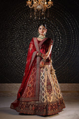 Beige Raw Silk With Redberry Pink Lehenga image 0