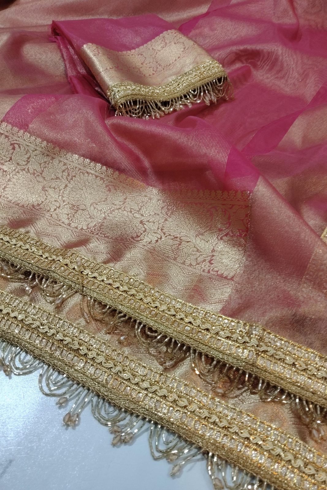 Banarasi Soft Glass Tissue Silk Saree Onion Pink image 1