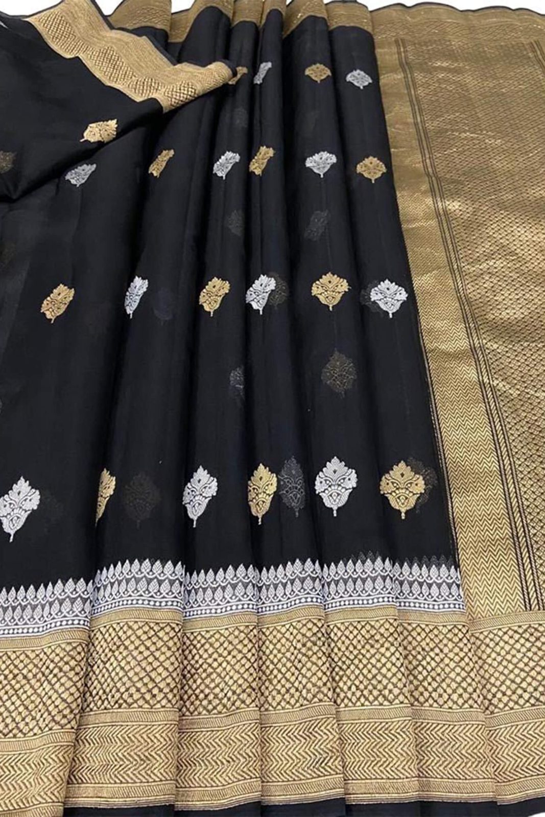 Kora Orgenza Silk Black saree with gold and white patterns