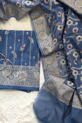 Dusty Blue Muga Silk in Minakari work Unstitched Suit with intricate patterns on a white background