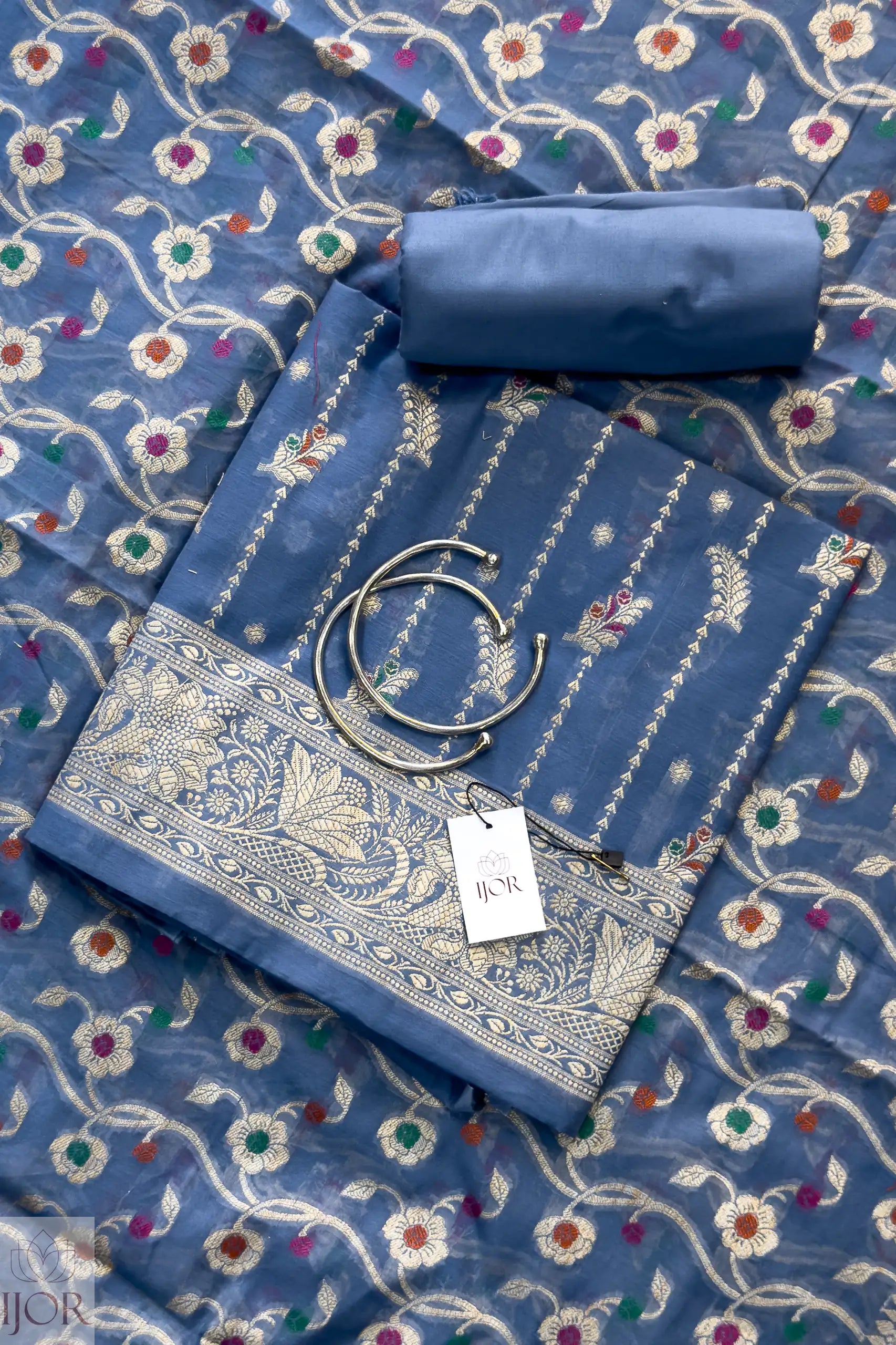 Dusty Blue Muga Silk in Minakari work Unstitched Suit with Salwar, Kamiz and Dupatta materals