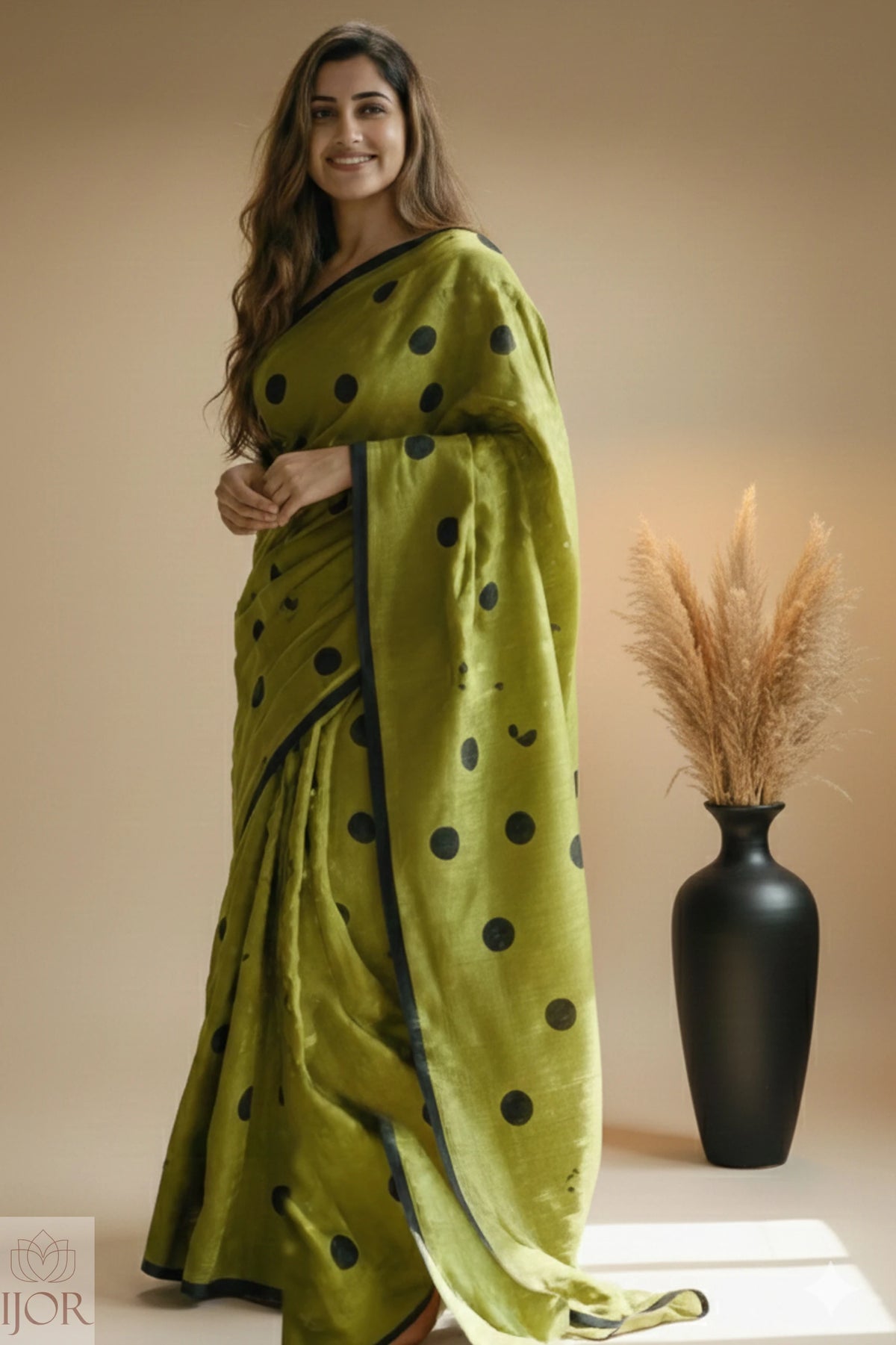 Aranya Polka Pure Khadi Cotton Olive Green Saree with Tassels