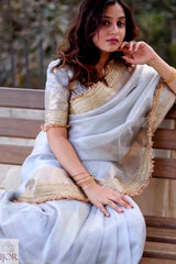 A woman seated on a wooden bench wearing Banarasi Silver Grey Tissue Silk Saree with ornate gold embroidery and a sheer gold blouse, photographed outdoors with a blurred background.