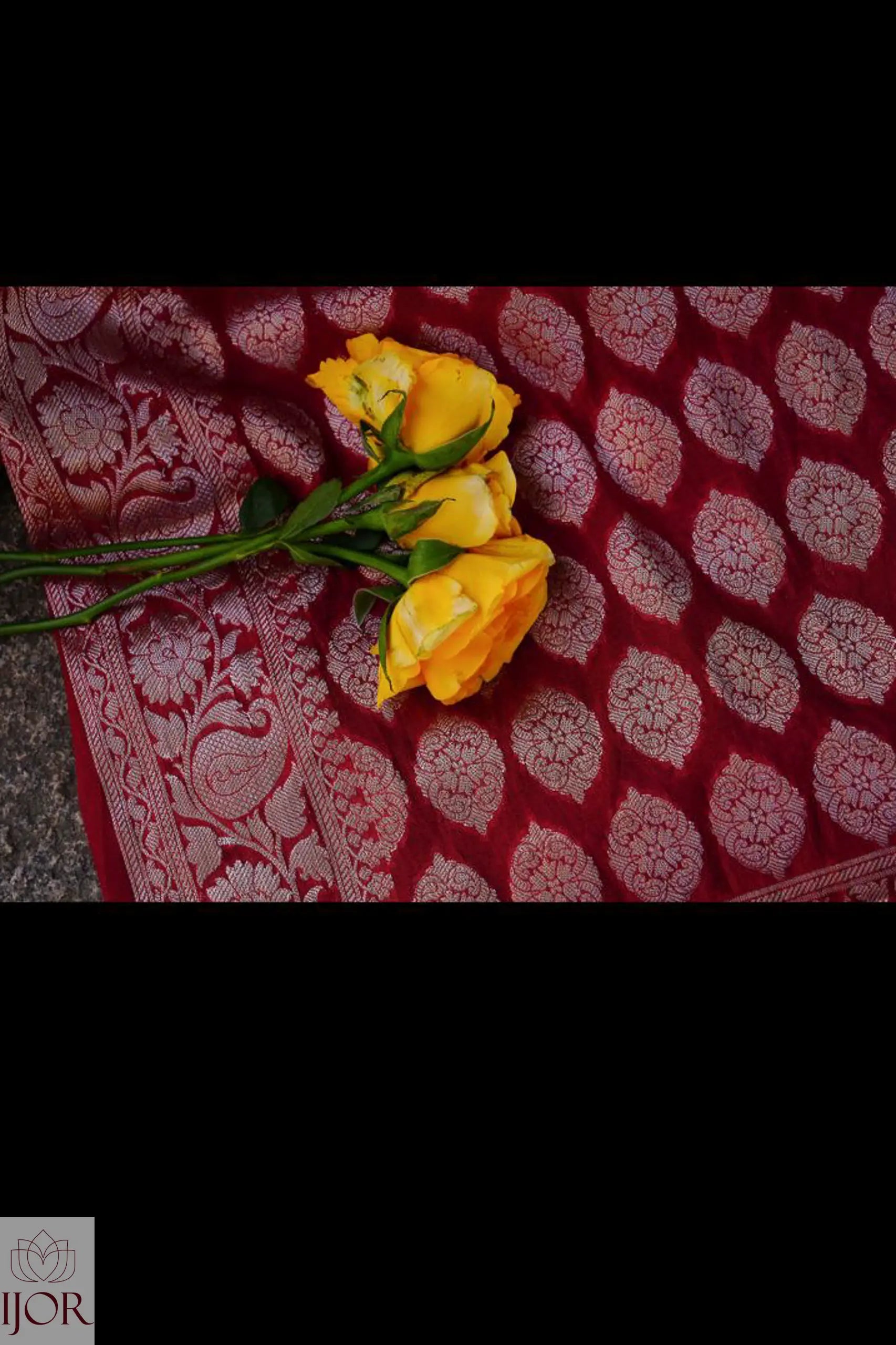 Yellow rose flower on Banarasi Soft Georgette Silk Red Saree with in silver booti.