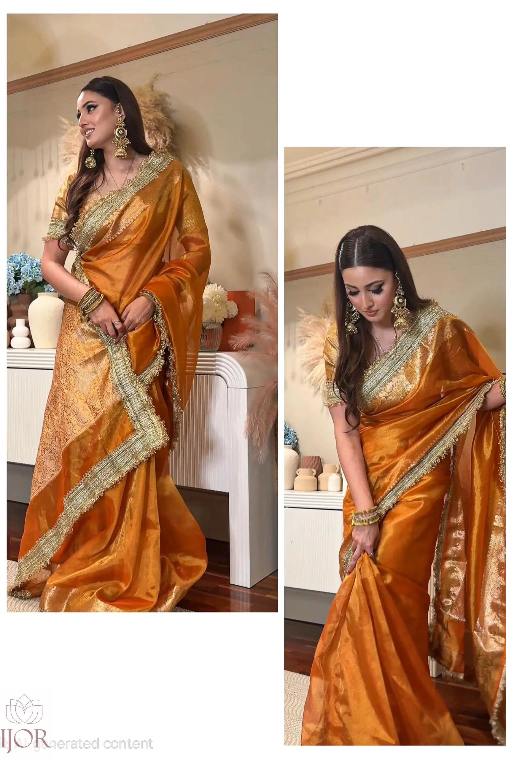 A woman modeling aBanarasi Glass Tissue Silk Saree in Rustic Gold with a wide metallic gold border and matching blouse in a styled indoor setting, shown in a two-panel collage.
