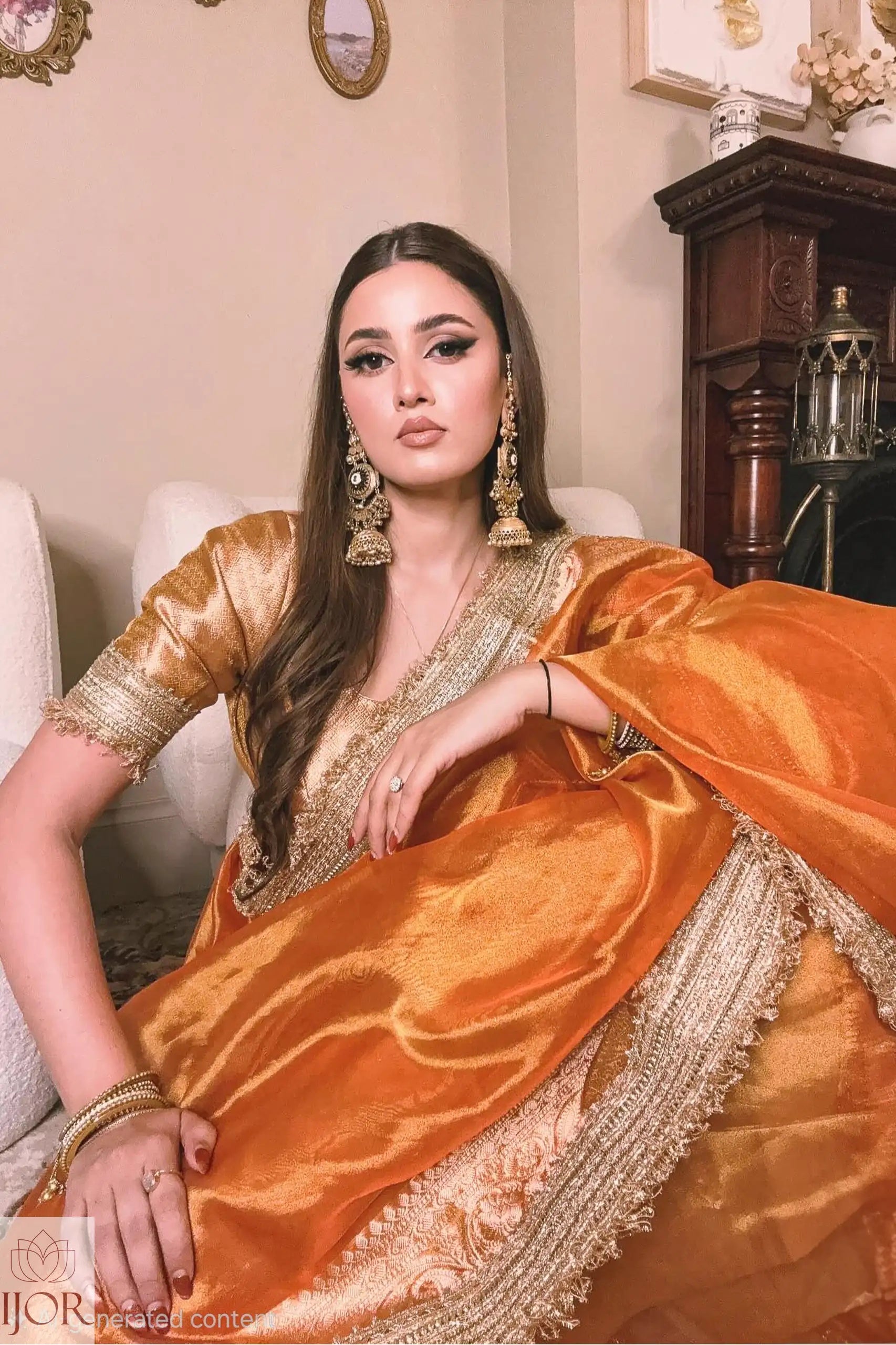 A woman wearing a Banarasi Glass Tissue Silk Saree in Rustic Goldi, seated indoors with a cream sofa and dark wooden cabinet in the background.