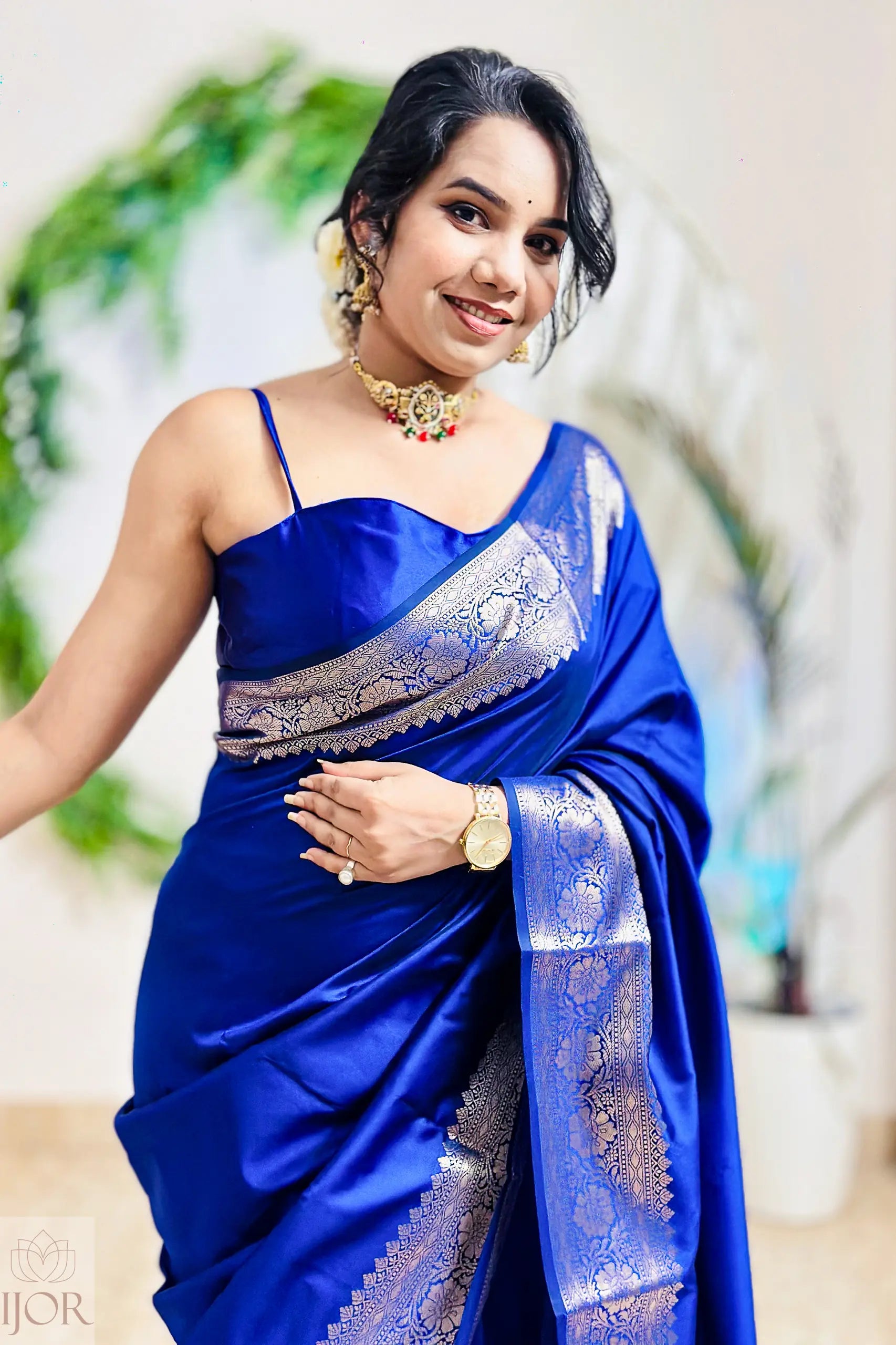 Woman wearing a blue saree with silver border outdoors