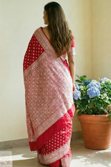 Nakshatras Crimson Red Banarasi Mashru Katan Silk Saree