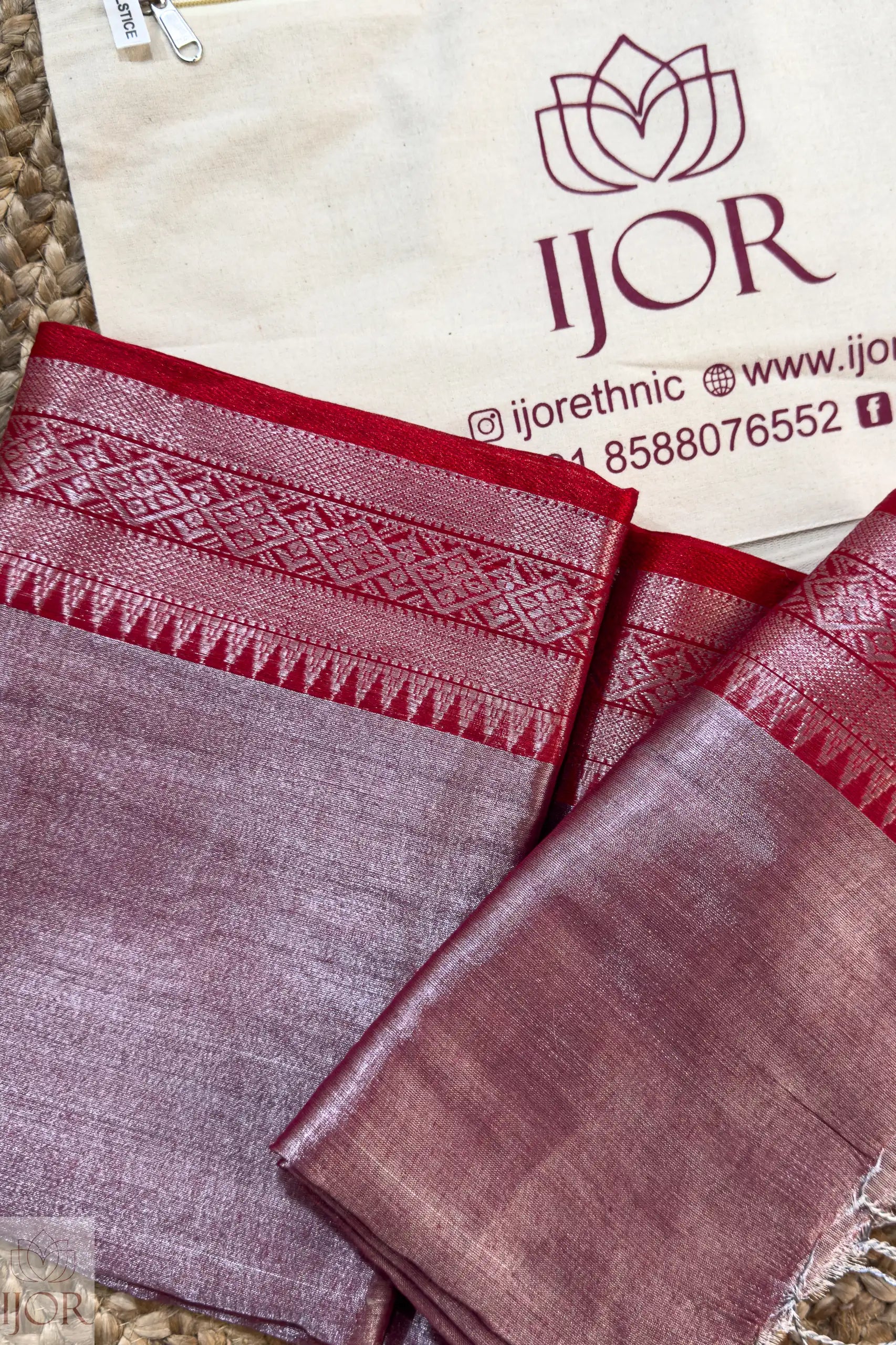 Lavender Color Pure Tissue Cotton Saree with Rich Red Border with IJOR branding on a white background