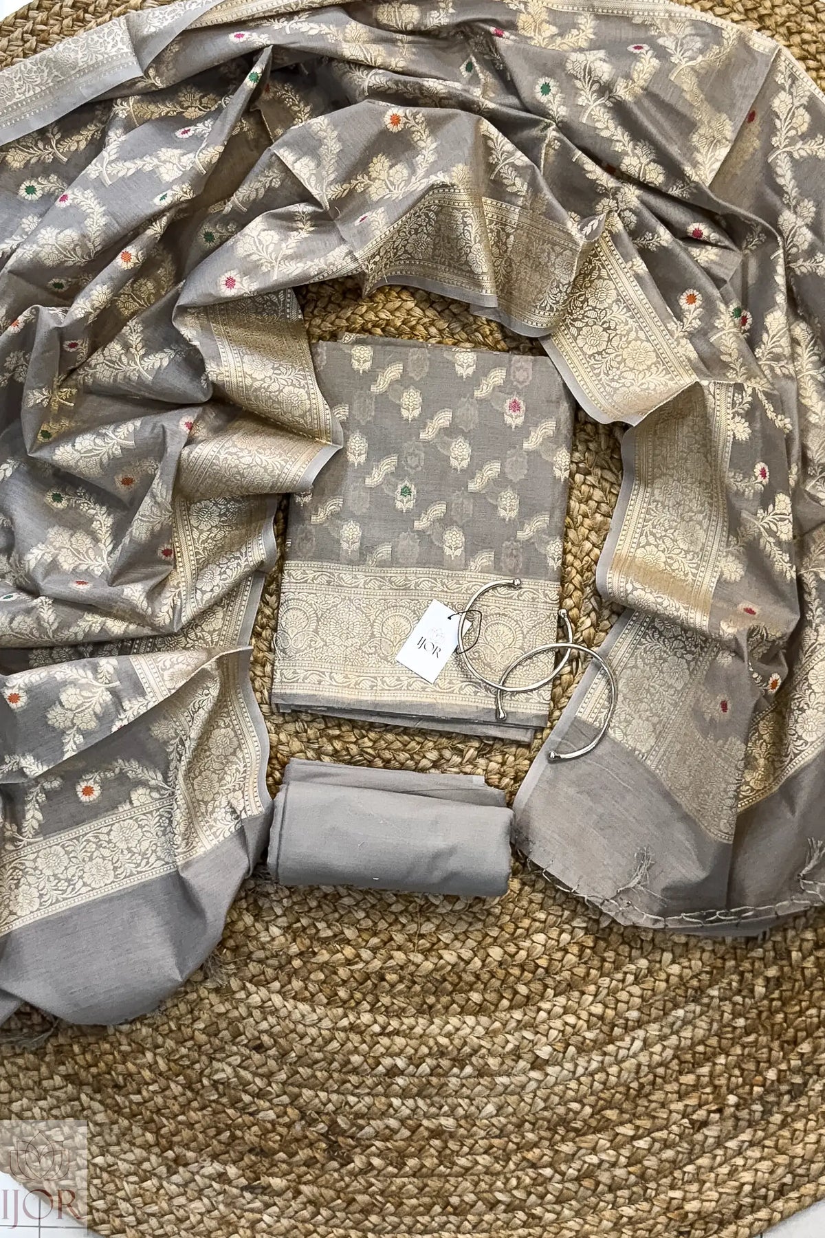 Grey Zari Muga Silk in Minakari work Unstitched Suit