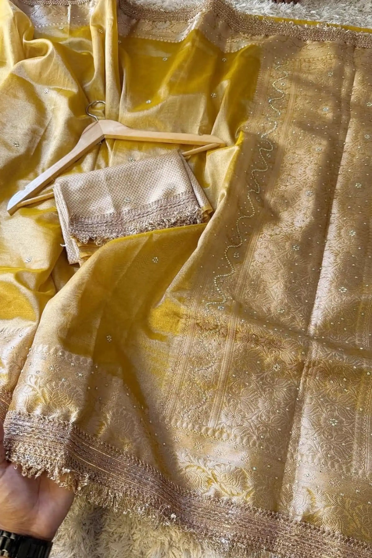 Kanak - Tissue Silk Saree with Stone work and Maharani Lace Golden
