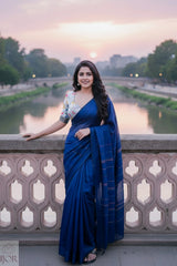 Mayuri - Pure Khes Khadi Cotton with Blouse Piece - Navy Blue