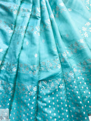 Sea Green Pure Chiniya Silk Saree with Silver Zari Work & Contrasting Blue Blouse