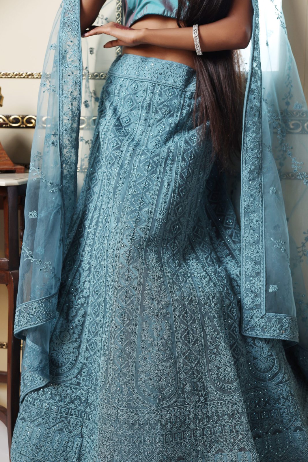 Celadon Blue Embroidered Lehenga image 3