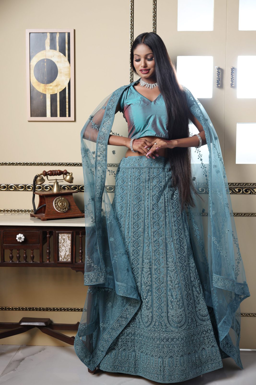 Celadon Blue Embroidered Lehenga image 1