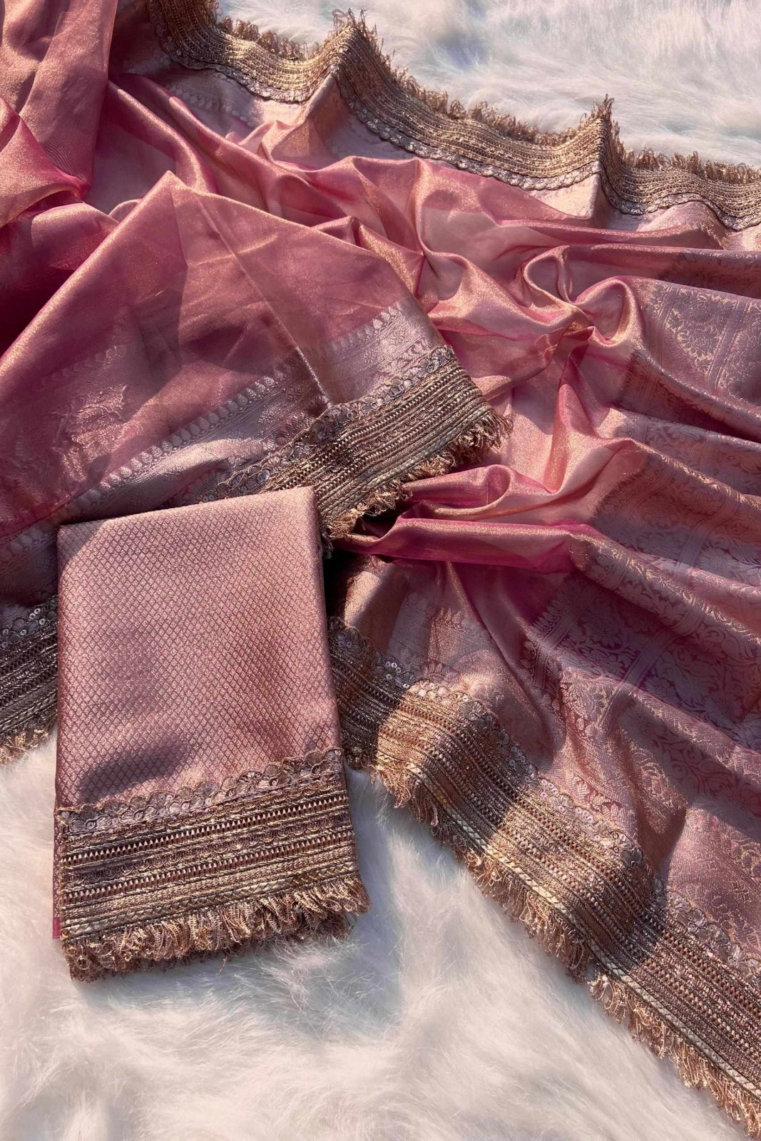 Banarasi Soft Tissue Salmon Pink Silk Saree image 2