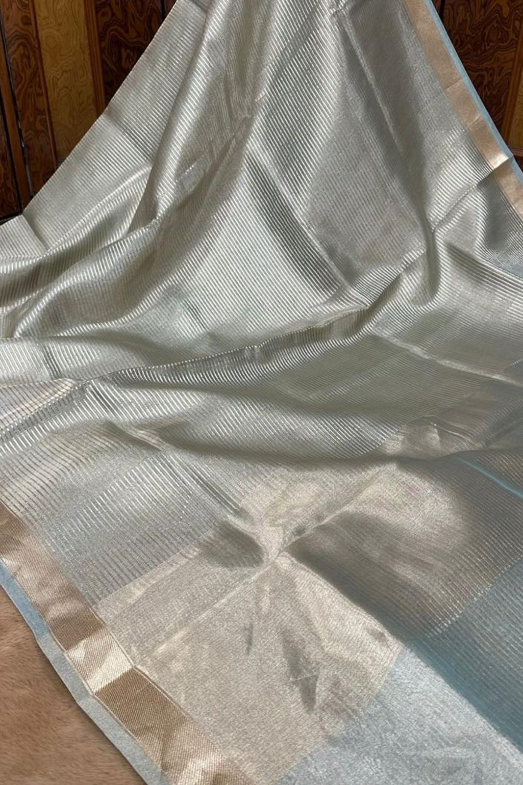 Pure Tissue Silk Zari line Border - Green image